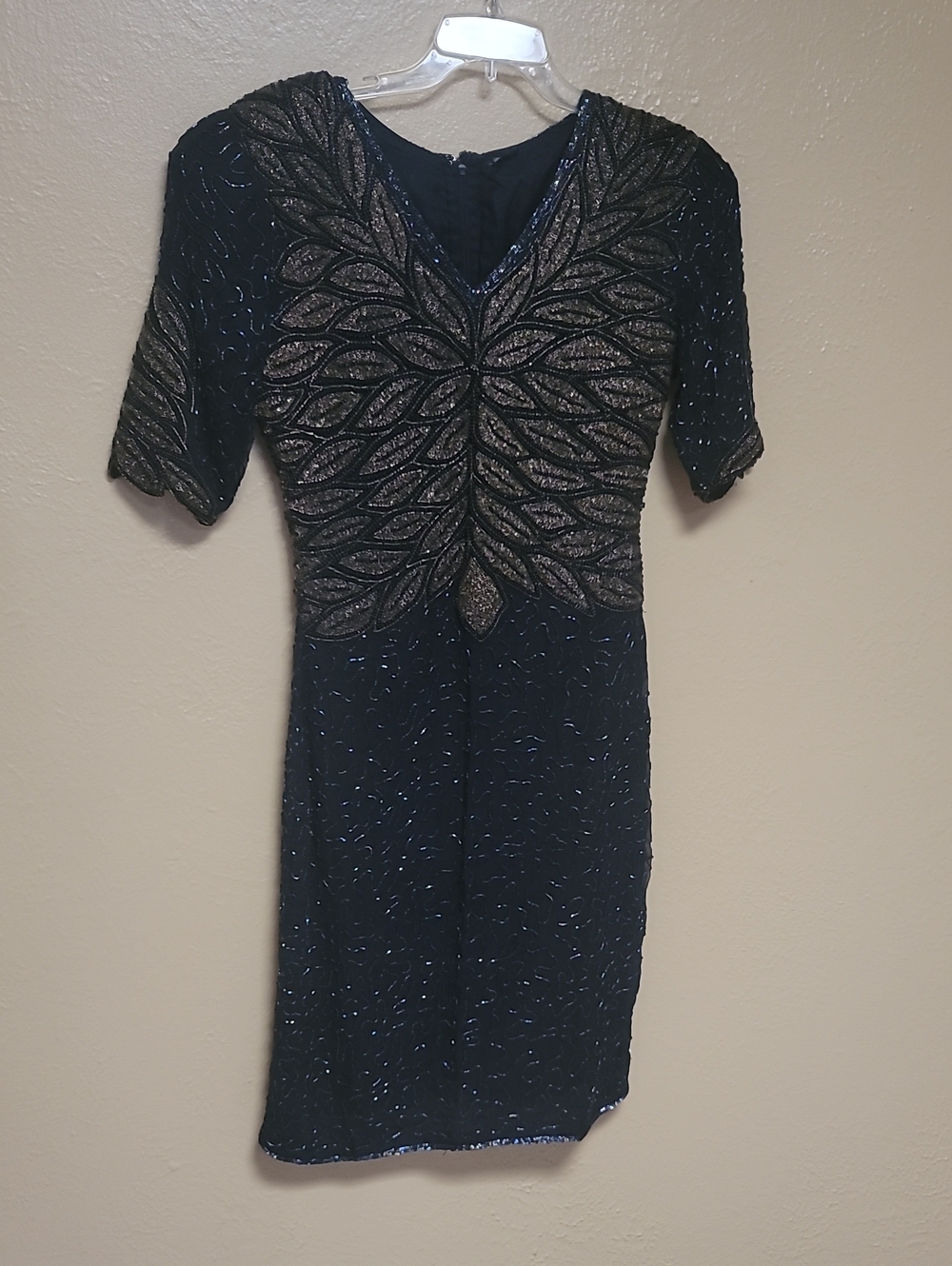 Beaded Silk Black & Gold V-Neck Cocktail Dress